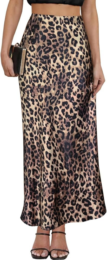 Women's Satin Maxi Skirt High Waisted Elastic Waistband Silk A-Line Casual Party Leopard Print Lo... | Amazon (US)