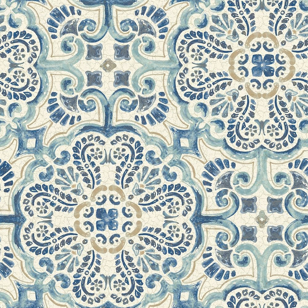 NuWallpaper NU2235 Florentine Tile Peel & Stick Wallpaper, Blue | Amazon (US)