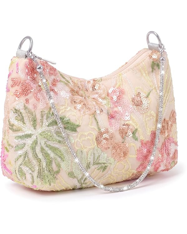 Women Floral Beaded Sequin Embroidered Shoulder Bag Evening Bridal Wedding Purse Top Handle Under... | Amazon (US)