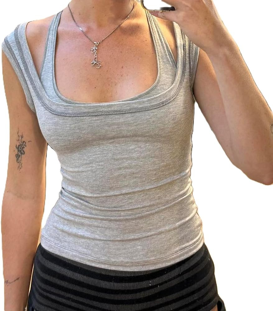 Melliflo Square Neck Tank Top for Women Textured Contrast Trim Sleeveless Top Slim Fit Summer Sex... | Amazon (US)