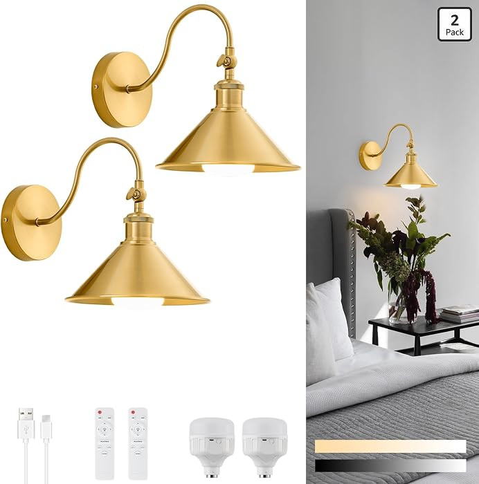 Wireless Battery Operated Wall Sconce, Gold Industrial Wall Lights Decor Set of 2, Vintage Rechar... | Amazon (US)