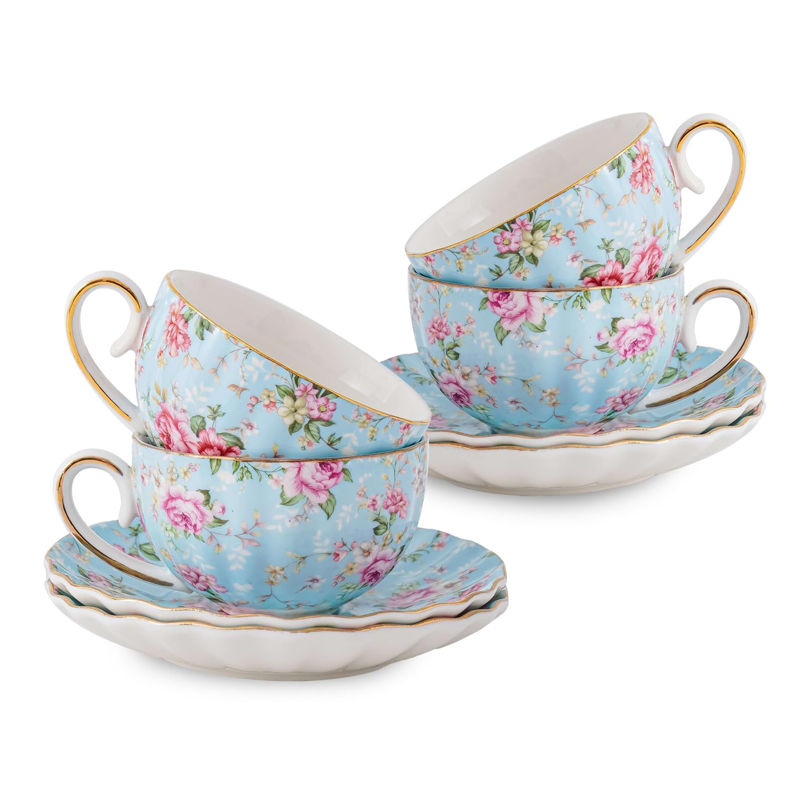 Tea Cup and Saucers, 6.4oz Floral Tea Cups with Gold Trim, Porcelain Bone China Teacup, Coffee Ca... | Amazon (US)