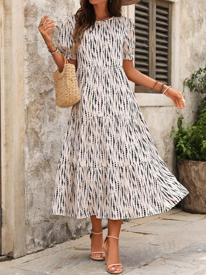SHEIN VCAY Loose Fit Layered Ruffle Round Neck Women's Dress | SHEIN