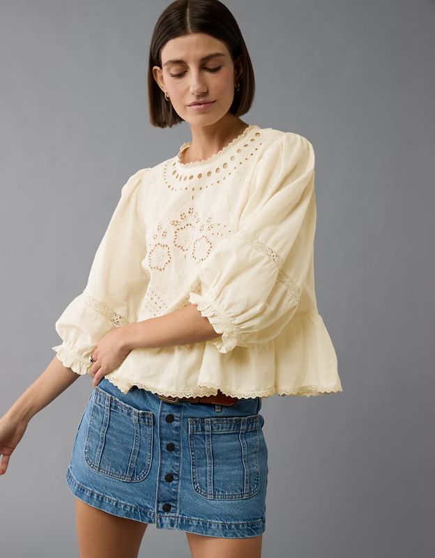 AE High-Neck Eyelet Blouse | American Eagle Outfitters (US & CA)