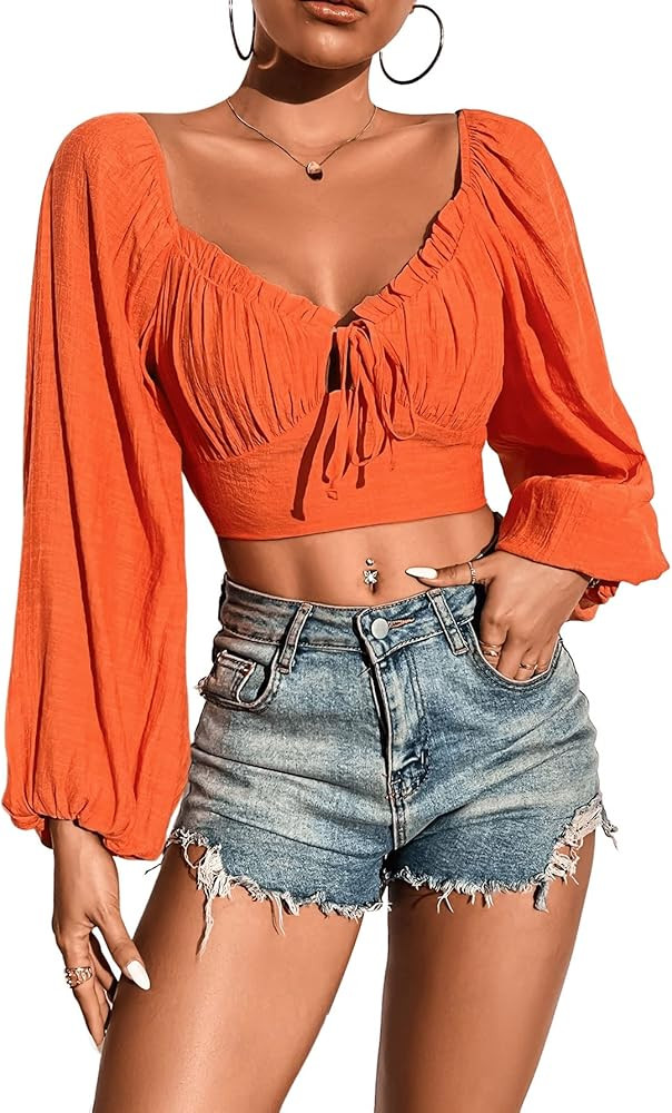 SweatyRocks Women's Long Sleeve Frill Trim Crop Top Shirred Ruffle Blouse | Amazon (US)