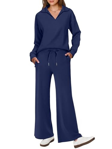 ANRABESS Women's 2 Piece Outfits Lounge Sets Casual Long Sleeve Sweatsuits Polo Top Wide Leg Pants Fall Sweat Matching Sets Navy Blue Large | Amazon (US)