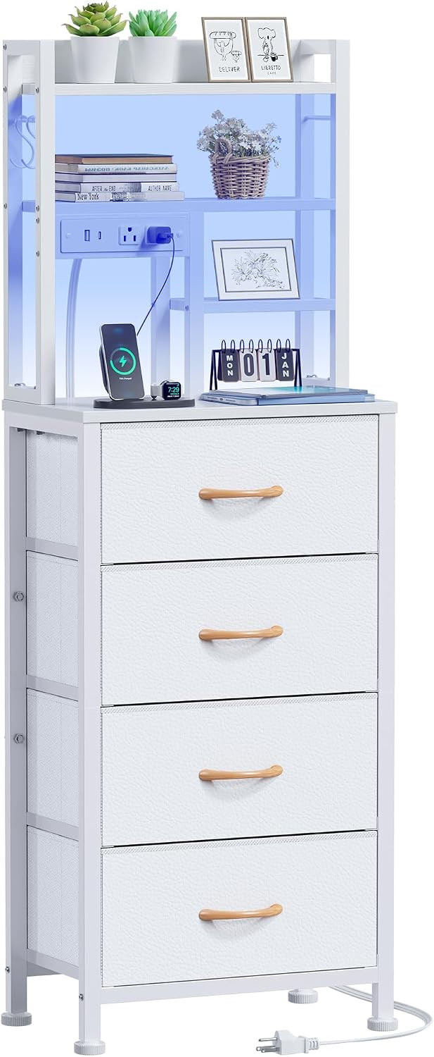 Furnulem Tall Night Stand, 52.1 Inch LED Nightstand with Charging Station and USB Ports, 4 PVC Fabric Drawers and 4 Tier Storage Shelf, Bedside Table for Bedroom, Dorm, Office (White) | Amazon (US)