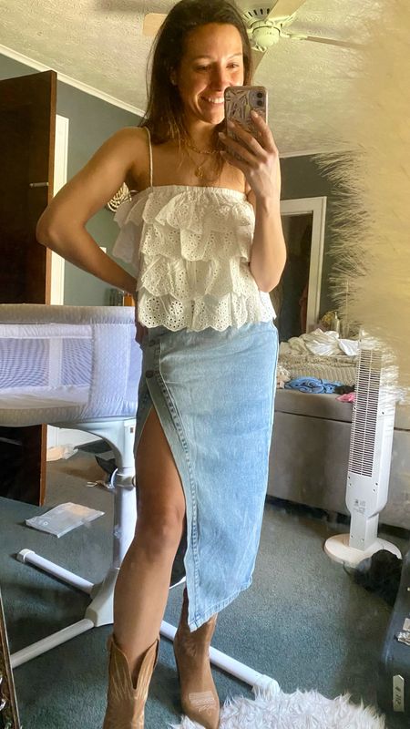 Eyelet top is 30% off right now!
Wedding and sale
Western outfit inspo
Festival season
Country concert style
Western style
Cowboy
Cowgirl
White tank
Denim maxi skirt

#LTKFestival #LTKparties #LTKstyletip