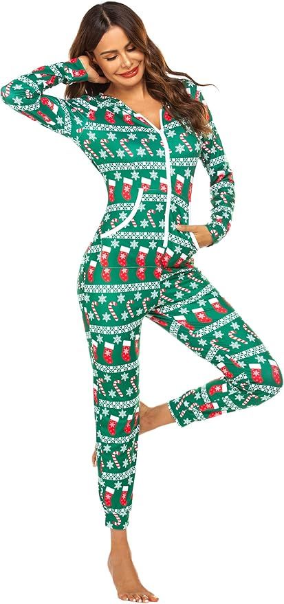 Ekouaer Women Hooded Jumpsuit Long Sleeve Onesies Zip Up One Piece Pajamas Sexy Sleepwear for Wom... | Amazon (US)