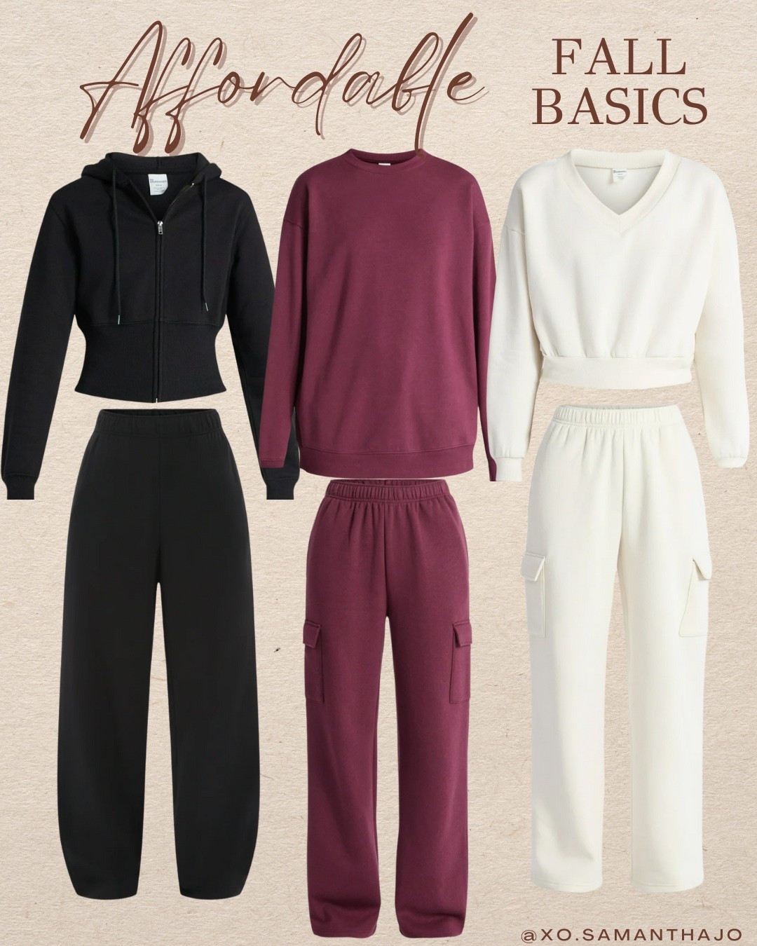 affordable fall basics sweat sets matching set Walmart fashion cozy loungewear black zip hoodie maroon crewneck pullover cream v neck sweatshirt wide leg sweatpants cargo sweatpants wide leg sweat pants fleece hoodie fleece cropped zip up neutral fall outfits casual athleisure comfy lounge set everyday wardrobe essentials budget friendly fall style

#LTKStyleTip #LTKSeasonal #LTKFindsUnder50