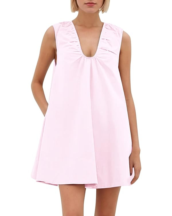 Women's Sleeveless Babydoll Tank Mini Dress Scoop Neck Ruched Bubble Dress with Pockets Short Sum... | Amazon (US)