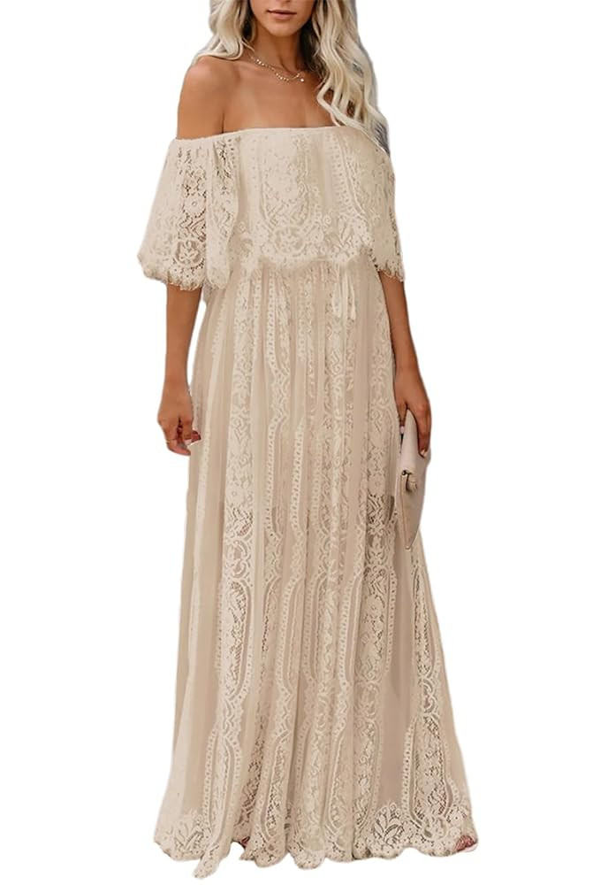 HOYISHION Women's Off The Shoulder Floral Lace Maxi Dress White Bridesmaid Wedding Party Maternit... | Amazon (US)