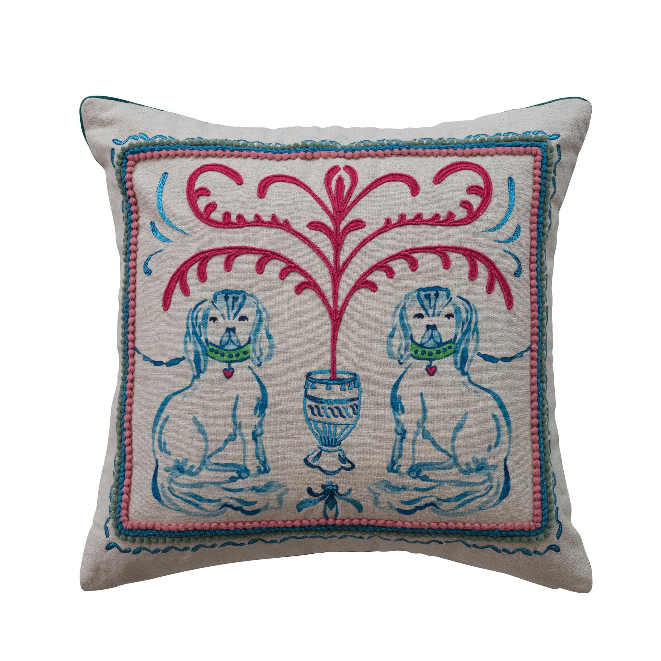 Creative Co-Op Square Cotton and Linen Printed Pillow with Dog Scene, Embroidery, and Velvet Back... | Amazon (US)