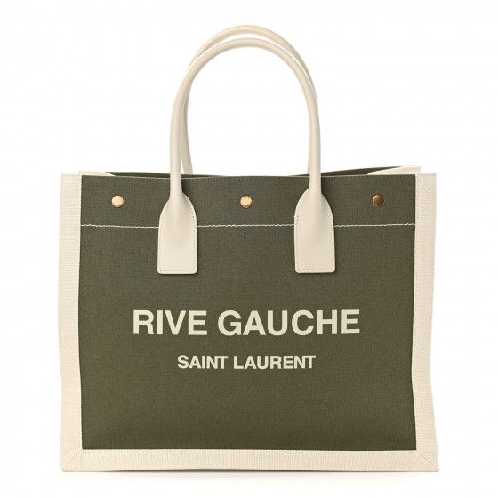 SAINT LAURENT Linen Calfskin Small Rive Gauche Tote Optic White Khaki | FASHIONPHILE | Fashionphile