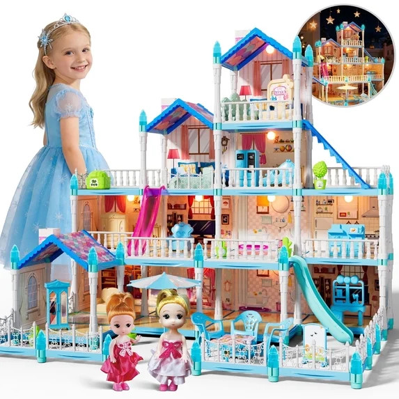 JoyStone Dollhouse with Warm Light, Pretend Play 14 Rooms DIY Playhouse, Kids Doll House with 2 D... | Walmart (US)
