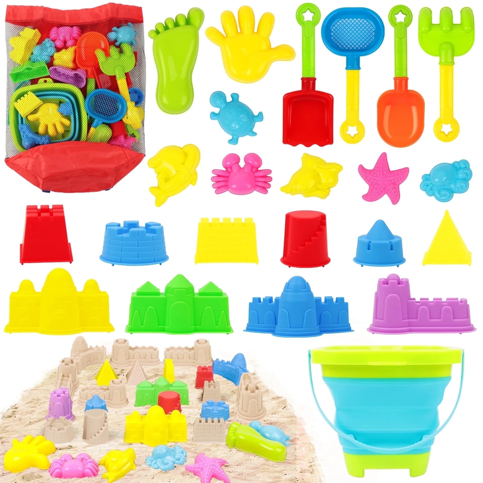 KiddiTouch Sand Toys 24Pcs Beach Toys, Sandbox Toys with Collapsible Plastic Sand Bucket& Mesh Be... | Walmart (US)