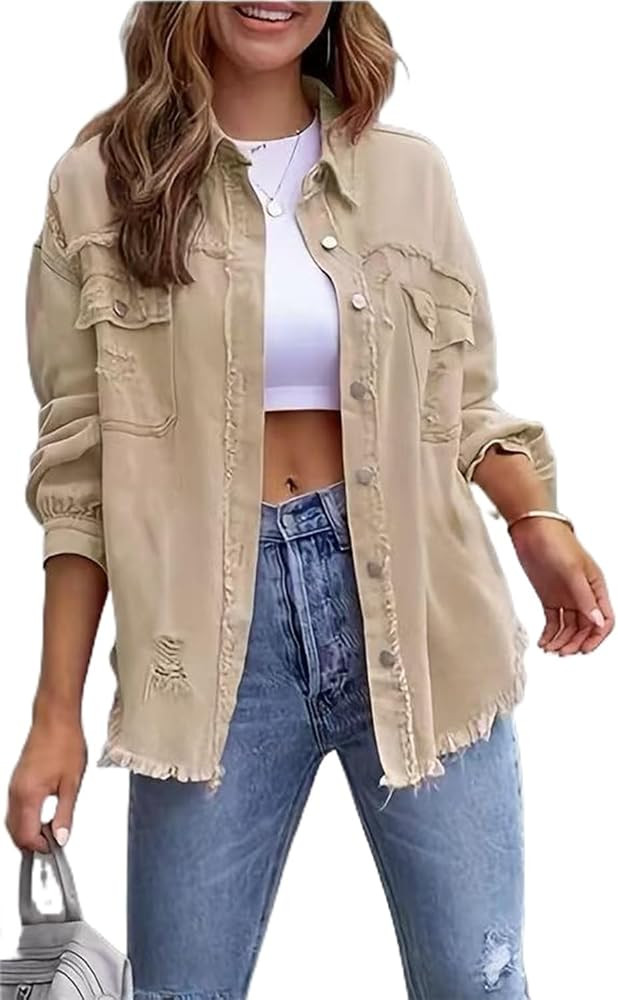 DvaeMalligo Jean Jacket Women Ripped Oversized Long Sleeve Denim Jackets | Amazon (US)