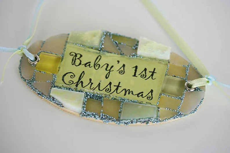 Baby's 1st Christmas Mosaic Ornament First Stained Glass Calligraphy Cursive Yellow Blue Christen... | Etsy (US)