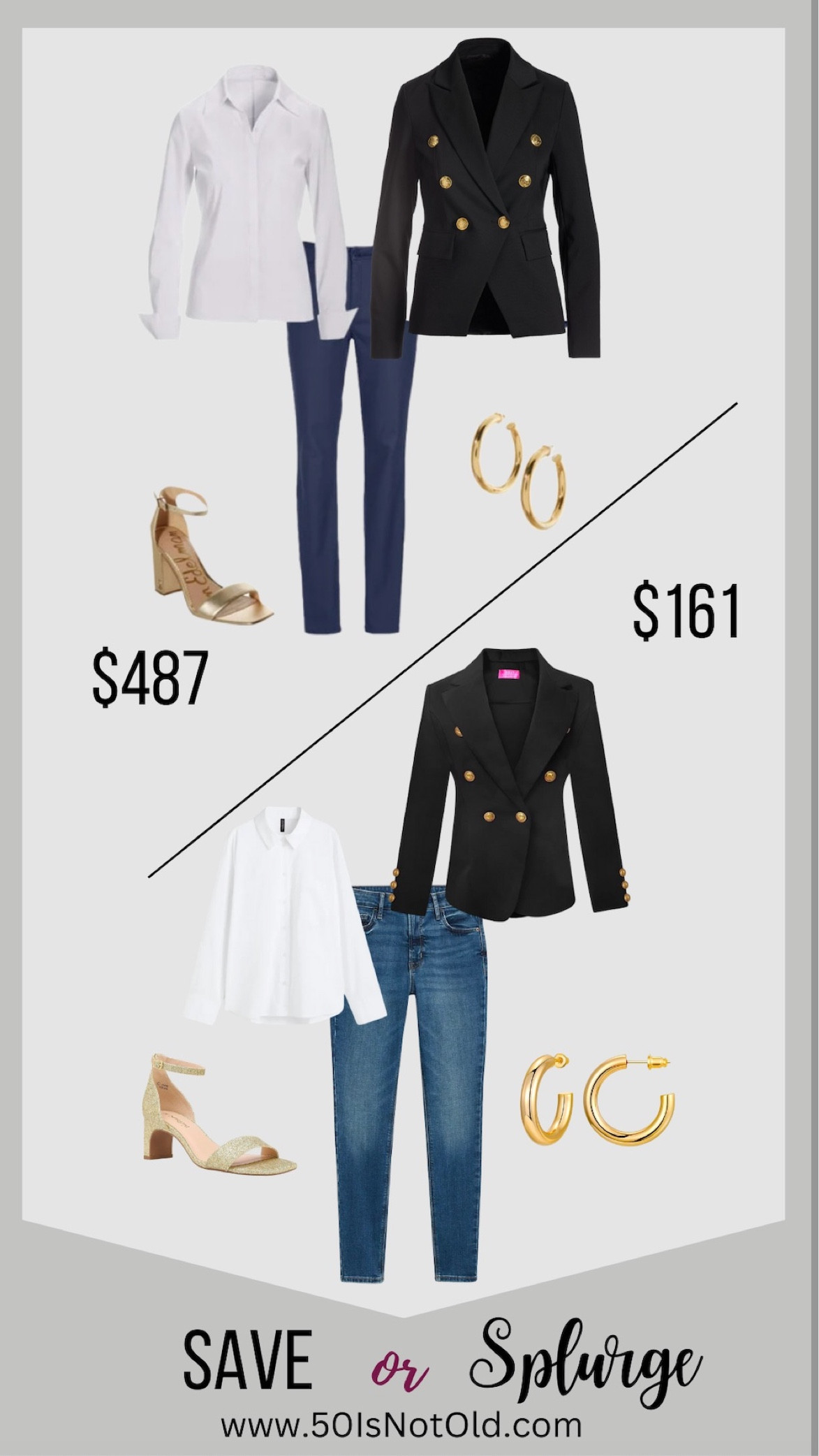 Save or Splurge! Work wear, jeans and a blazer. Button up shirt with double breasted blazer  