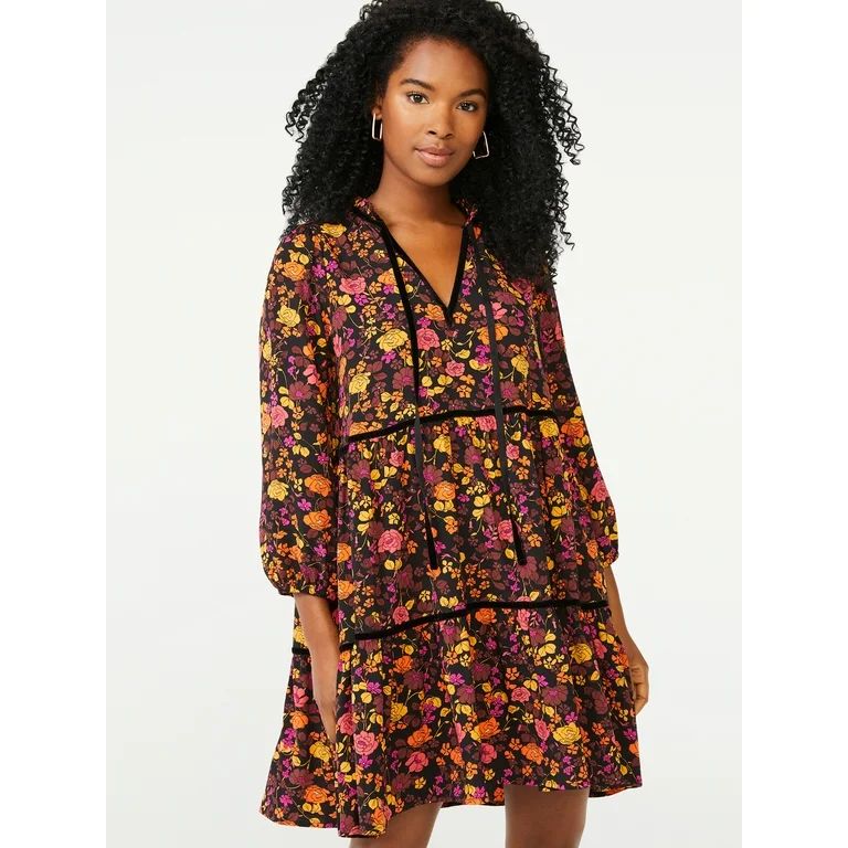 Scoop Women's Velvet Trim Tiered Dress | Walmart (US)