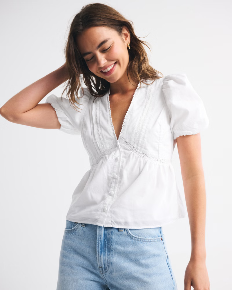 Women's Puff Sleeve Button-Through Top | Women's Tops | Abercrombie.com | Abercrombie & Fitch (US)