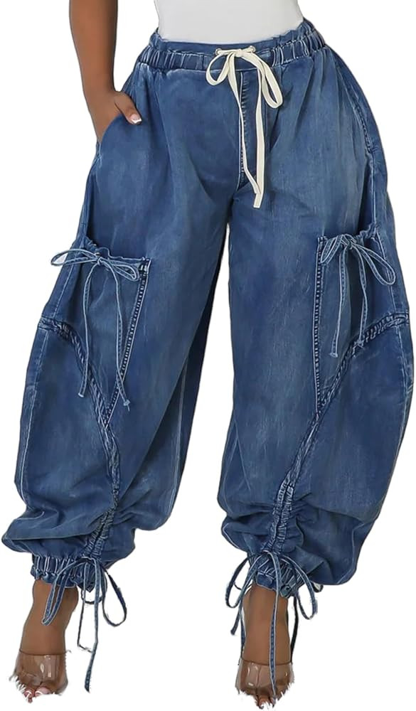 Women's Baggy Cargo Jogger Jeans Barrel High Waisted Wide Leg Drawstring Y2K Loose Harem Denim Pa... | Amazon (US)