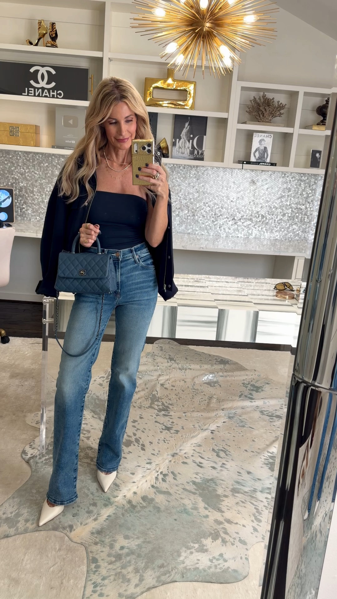 SALE ALERT - these slimming jeans by Mother are on major SALE!!!! 

Effortless but put-together — exactly what I want for a fall lunch out. These Mother jeans are high-waisted, straight leg, with just the right amount of stretch, in a navy wash that's perfect for the season. Sized true to size in a 24.

Layered with a bomber jacket that's a fall must-have — wrinkle-free, easy to wear, and instantly elevates any casual look. True to size in an XS.

A matching tube top underneath ties it all together for that monochrome-but-not-boring effect.

Fit notes: Denim — true to size (24) / Jacket — true to size (XS)

#LTKootd #LTKgrwm #LTKOver40