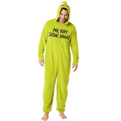 The Grinch Union Suit Men's Merry Grinchmas Zip Up Plush Hooded One Piece Loungewear (Medium) Green | Target