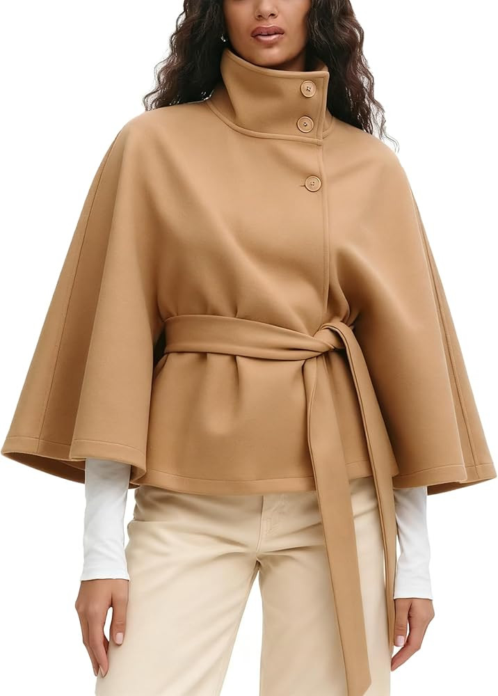 Womens Batwing Sleeve Poncho Pea Coats Elegant Stand Collar Capes Jacket Cloak Belted Fall Trendy... | Amazon (US)