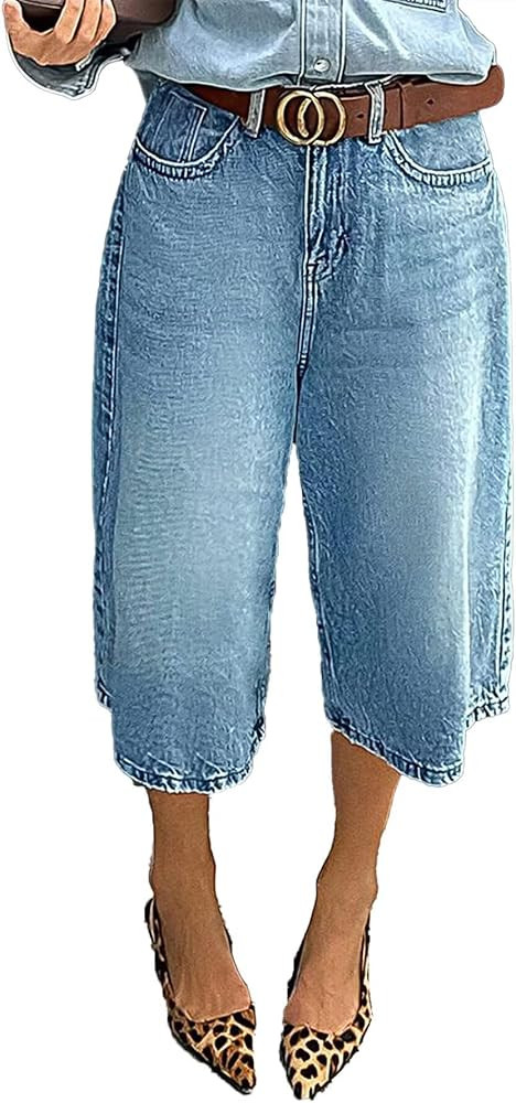 Flamingals Women's Cropped Straight Leg High Waist Vintage Wash Stretch Denim Button Fly Jeans Wi... | Amazon (US)