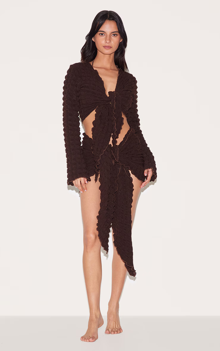 Chocolate Bubble Texture Tie Front Top And Sarong Beach Set | PrettyLittleThing UK