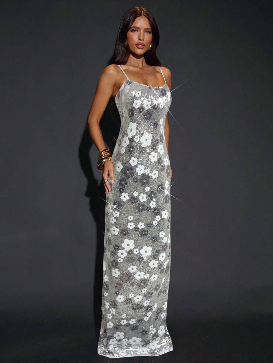 SHEIN BAE Elegant Floral Beaded Embroidery Slip Dress, Bodycon Dress, Suitable For Valentine's Da... | SHEIN