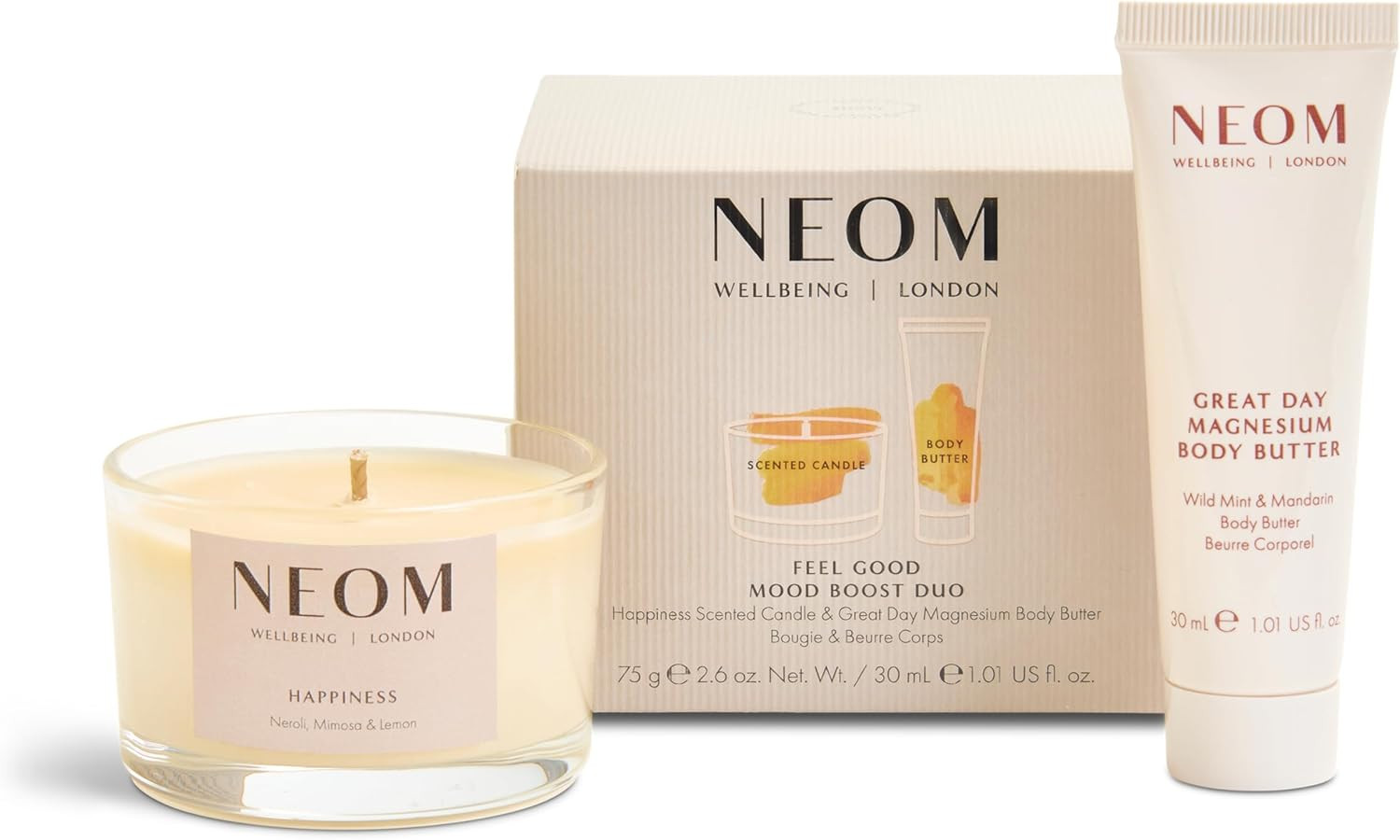 Neom Feel Good Mood Boost Duo Gift Set I Contains: Happiness Travel Candle 75g, Great Day Magnesi... | Amazon (UK)