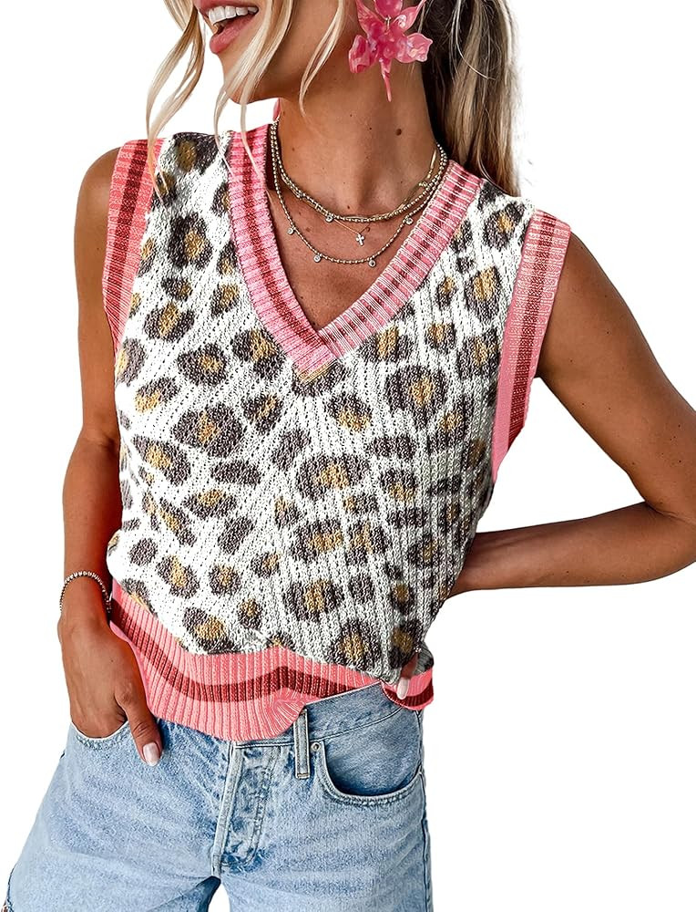 MARZXIN Women Sleeveless Sweater V Neck Casual 2025 Fall Knitted Chevron V Neck Sweater Vest Colo... | Amazon (US)