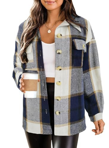 HOTOUCH Women's Flannel Plaid Shacket for Women 2026 Fall Long Sleeve Button Down Shirts Jacket Coats Overcoat Tops Blue | Amazon (US)