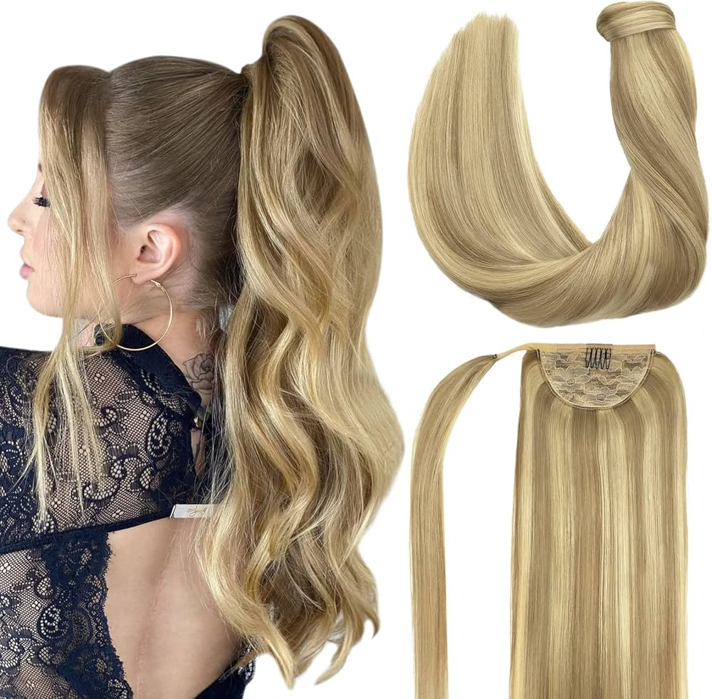 DOORES Ponytail Hair Extensions Human Hair Balayage Light Blonde Highlighted Golden Blonde 22 Inc... | Amazon (US)
