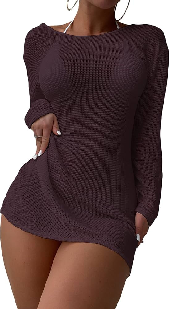 SOLY HUX Swim Cover Up for Women Summer Long Sleeve Sheer Bikini Knitted Backless Swimsuits Bathi... | Amazon (US)