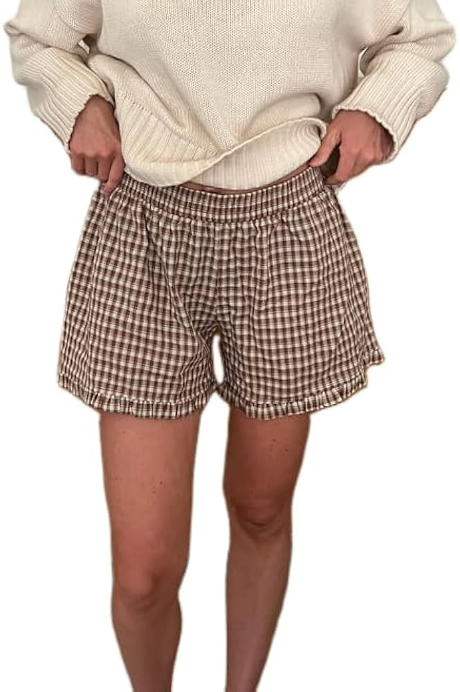 Amiblvowa Y2k Boxer Shorts Women Elastic Waist Ruffle Hem Striped Gingham Low Rise Micro Lounge S... | Amazon (US)