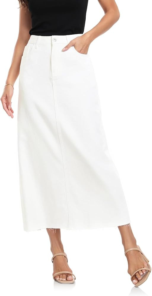 MISS MOLY Women's Jean Skirt Stretch High Waisted Frayed Raw Hem A Line Denim Midi Skirt with Poc... | Amazon (US)