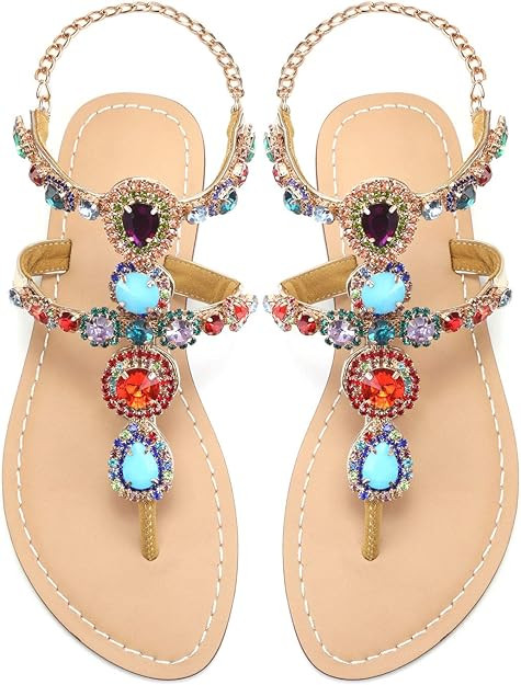 AIJIVOU Women's Rhinestone Flat Sandals, Women Flip Flops with Clip Toe RingBeadeed Rhinestone Cr... | Amazon (US)
