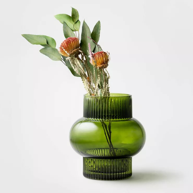 Medium Ribbed Sculptural Glass Vase Green | Target