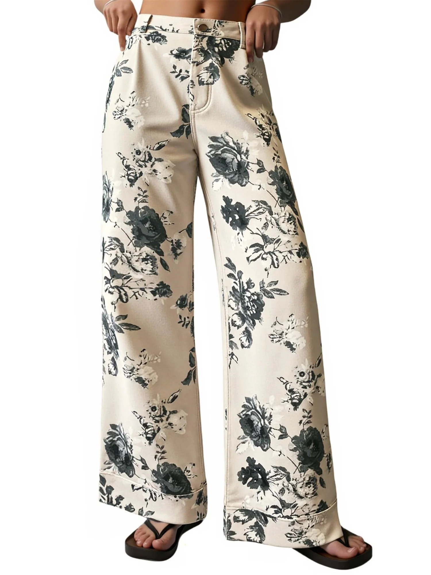 Floral Print Women Long Jeans Wide Leg Casual Denim Pants | Walmart (US)