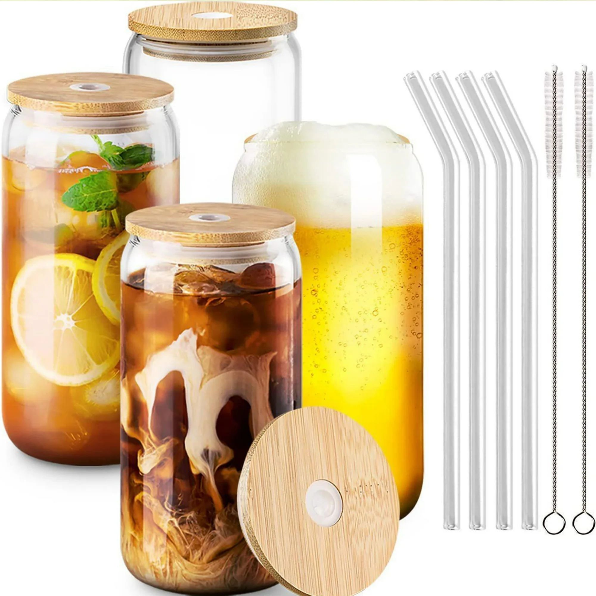 Drinking Glasses with Bamboo Lids and Glass Straw 4pcs Set - 16oz Can Shaped Glass Cups, Beer Gla... | Walmart (US)