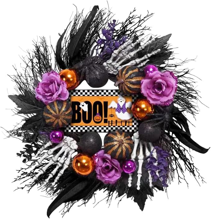 Halloween Wreath for Front Door,Halloween Decor Rose,Pumpkin Skulls and Boo Sign,Black and White ... | Amazon (US)