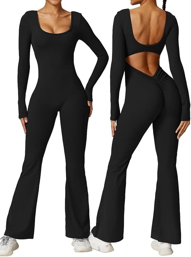 Vertvie Women Flare Jumpsuits Long Sleeve Sexy Backless Padded Bodycon Rompers Scrunch Butt V Bac... | Amazon (US)