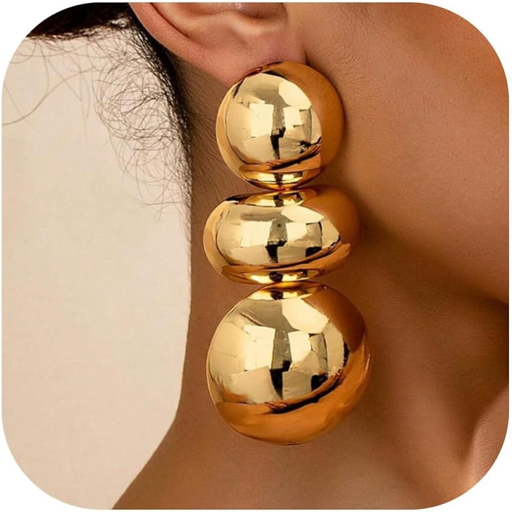 Chunky Gold Ball Hoop Earrings Large Trendy Statement Thick Dangle Oversized Fashion Modern Elega... | Amazon (US)