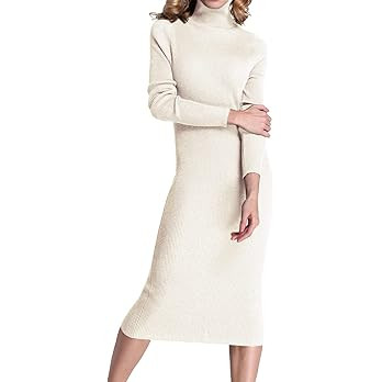 Rocorose Fall Dresses for Women Long Sleeve Turtleneck Pullover Midi Winter Knitted Sweater Ivory... | Amazon (US)