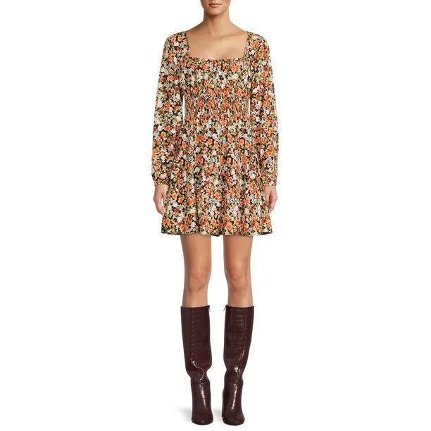 Liv & Lottie Juniors' Ditsy Floral Smocked Tiered Long Sleeve Dress - Walmart.com | Walmart (US)