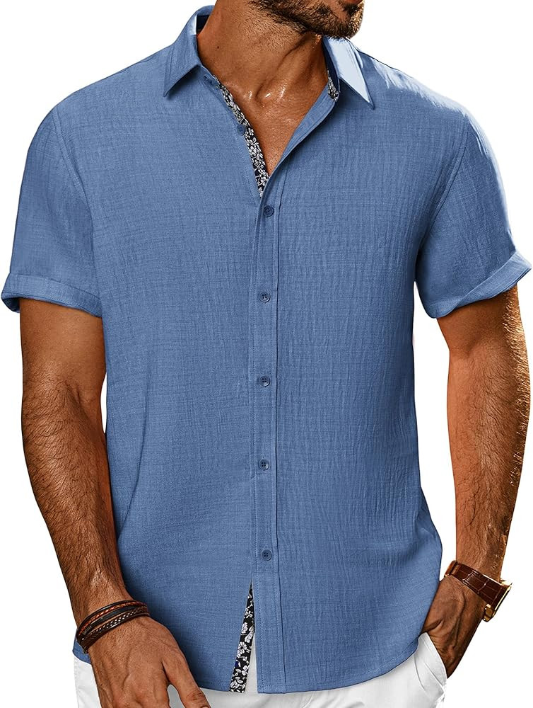 PJ PAUL JONES Men's Button Down Short Sleeve Shirt Casual Summer Beach Textured Wedding Shirts | Amazon (US)