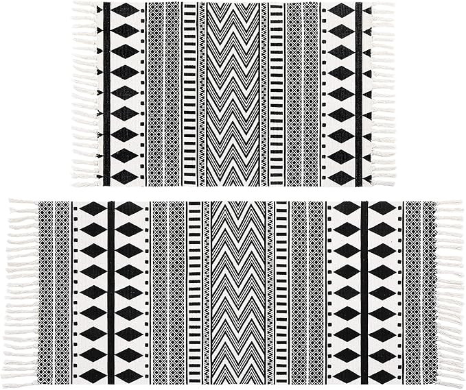 HEBE Cotton Area Rug Set 2 Piece 2'x3'+2'x4.2' Machine Washable Black and Cream White Hand Woven ... | Amazon (US)